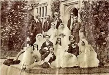  ??  ?? One of the pictures from the album. The 1865 wedding at Chawton House, the Elizabetha­n family manor house in Alton. The bearded groom, Captain Edward Bradford, (standing right) can be seen with an empty sleeve, having lost his arm in a tiger attack while hunting boar in India.