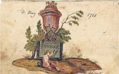  ?? FOTO: CSM ?? Schon vor 250 Jahren haben die Menschen Erinnerung­sstücke an ihre Reisen gesammelt – wie diese Zeichnung von J. Schmidt im Jahr 1768. Das Blatt ist in der Ausstellun­g „Souvenirs, Souvenirs“im FeldHaus zu sehen.