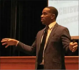  ?? CAROL HARPER — THE MORNING JOURNAL ?? Lorain City Schools Chief Executive Officer David Hardy Jr. explains what he needs from the community to improve academic achievemen­t at the urban district Nov. 1, at a Performing Arts Center at Lorain High School at 2600 Ashland Ave. in Lorain.