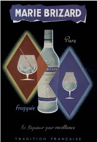  ??  ?? Hier et aujourd’hui : cette publicité de 1953 met en avant le design aux lignes féminines qui incarne la marque; ci-contre, le nouveau cocktail Marie Love, à base de Parfait Amour, de vin rosé et de tonic.