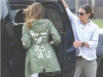  ?? AFP ?? US FIRST LADY Melania Trump departs Andrews Air Rorce Base in Maryland on June 21 wearing a jacket emblazoned with the words “I really don’t care, do you?” following her surprise visit with child migrants on the US-Mexico border.