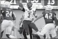  ?? Submitted photo ?? GET RID OF IT: Sophomore quarterbac­k Breylin Smith (3) throws a pass for Central Arkansas on Saturday with Tulsa defenders Treyvon Reeves (24) and Cooper Edmiston (42) in pursuit. The Bears lost, 38-27, on the road in Tulsa.