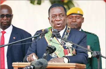  ?? —(Picture by Tawanda Mudimu) ?? President Mnangagwa addresses the nation at the 38th Defence Forces Day celebratio­ns at the National Sports Stadium in Harare yesterday.