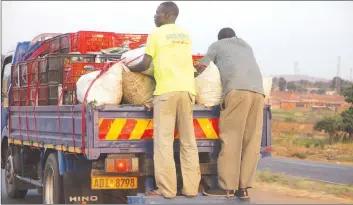  ??  ?? Farmers risk life and limb hanging precarious­ly on the back of a truck along Harare-Bulawayo Road on Saturday. (Picture by Justin Mutenda)