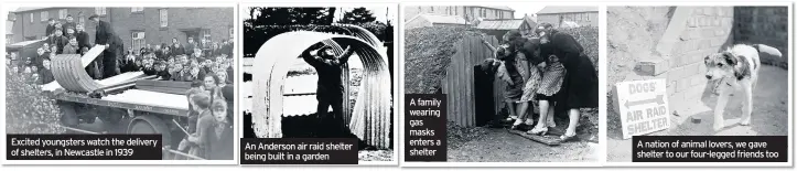  ??  ?? Excited youngsters watch the delivery of shelters, in Newcastle in 1939 An Anderson air raid shelter being built in a garden A family wearing gas masks enters a shelter A nation of animal lovers, we gave shelter to our four-legged friends too