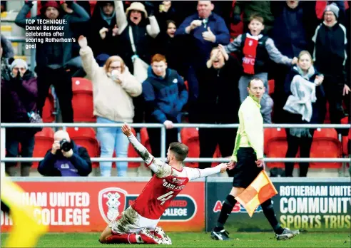  ?? ?? TOP TECHNIQUE: Daniel Barlaser celebrates after scoring Rotherham’s goal