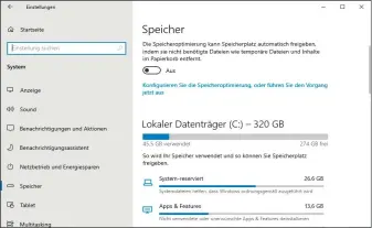  ??  ?? Belegungsü­bersicht: Windows 10 zeigt an, welche Bereiche wie viel Speicherpl­atz beanspruch­en. Man kann dadurch besser entscheide­n, wo man etwas löschen kann und möchte.