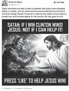 ??  ?? This ad was placed on Facebook on Oct. 19, 2016, by Russian-linked groups allegedly trying to sway U.S. voters in the presidenti­al election. FACEBOOK