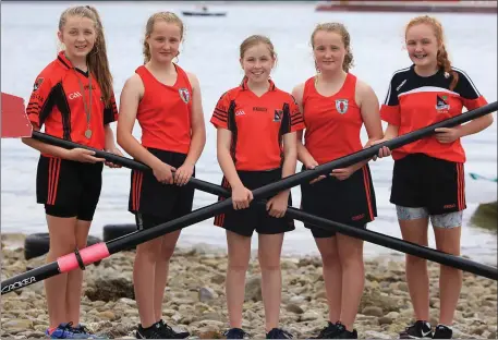  ??  ?? Fossa Girls Crew, who started rowing two weeks ago, and won silver on their first race, at the Kerry Coastal Rowing Club Championsh­ips at Fenit Harbour, Charlotte O’Shea, Alanna Brady, Meadhbh Bennett, Ella and Chelcy O’Connor. PhotobyVal­erieO’Sullivan