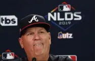  ?? JOHN BAZEMORE - THE ASSOCIATED PRESS ?? Atlanta Braves manager Brian Snitker (43) speaks to the media during a news conference Tuesday, Oct. 8, 2019, in Atlanta. The Braves will face the St. Louis Cardinals in Game 5 of the NLCS Wednesday in Atlanta.