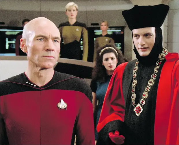  ?? PARAMOUNT TELEVISION ?? From left, Patrick Stewart as the inimitable Captain Jean-Luc Picard, John de Lancie as Q, Marina Sirtis as Counselor Deanna Troi and, back centre, Denise Crosby as Lieutenant Tasha Yar in the first episode of Star Trek: The Next Generation, which...