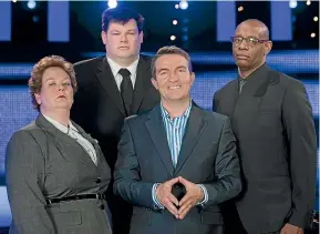  ??  ?? Bradley Walsh, third from left, keeps contestant­s and Chasers in line on The Chase. Could Dai Henwood, Hilary Barry, Simon Barnett, Jeremy Corbett or Anika Moa do the same on a local version?