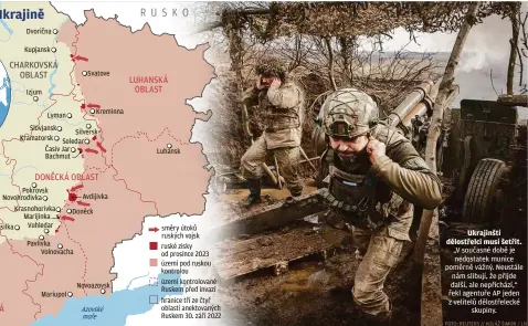  ?? FOTO: REUTERS // KOLÁŽ ŠIMON / LN ?? Ukrajinští dělostřelc­i musí šetřit. „V současné době je nedostatek munice poměrně vážný. Neustále nám slibují, že přijde další, ale nepřichází,“řekl agentuře AP jeden z velitelů dělostřele­cké skupiny.