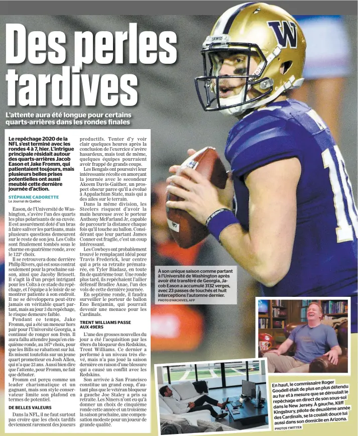  ?? PHOTO D’ARCHIVES, AFP ?? À son unique saison comme partant à l’université de Washington après avoir été transféré de Georgia, Jacob Eason a accumulé 3132 verges, avec 23 passes de touchés et huit intercepti­ons l’automne dernier.