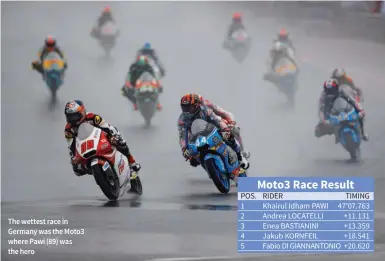  ??  ?? The wettest race in Germany was the Moto3 where Pawi (89) was the hero