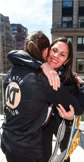  ?? STEPHEN MCCARTHY/SPORTSFILE ?? Katie Taylor and Victoria Bustos embrace after yesterday’s press conference at Mondrian Park Avenue in New York