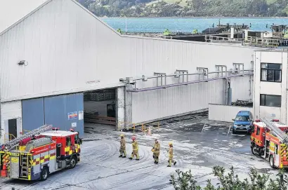  ?? PHOTO: CHRISTINE O’CONNOR ?? Sulphur flash . . . Emergency services arrive at the Ravensdown plant, in Dunedin, following a small explosion of sulphur dioxide in a store at its Ravensbour­ne site yesterday.
