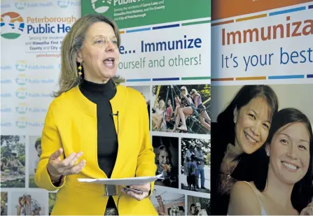  ?? JESSICA NYZNIK/EXAMINER ?? Dr. Rosana Salvaterra, Peterborou­gh Public Health’s medical officer of health, speaks about the importance of the flu shot at the health unit on King St. on Monday.