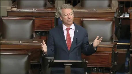  ?? SENATE TELEVISION VIA AP ?? In this image from video, Sen. Rand Paul, R-Ky., speaks on the Senate floor at the U.S. Capitol in Washington, Wednesday, March 18, 2020.