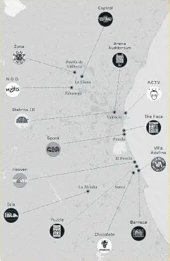  ?? CONTRA ?? Mapa de las discotecas que en los años 80 y 90 participar­on de algún modo en la ruta del bakalao