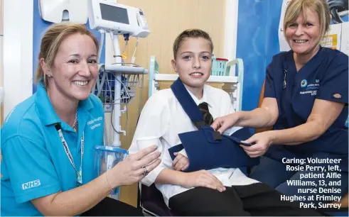  ??  ?? Caring: Volunteer Rosie Perry, left, patient Alfie Williams, 13, and nurse Denise Hughes at Frimley Park, Surrey