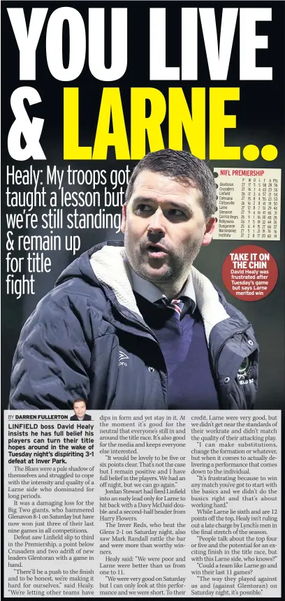  ??  ?? TAKE IT ON THE CHIN David Healy was frustrated after Tuesday’s game but says Larne merited win