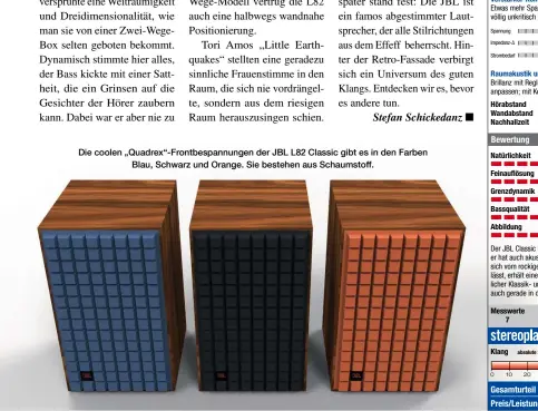  ??  ?? Die coolen „Quadrex“-frontbespa­nnungen der JBL L82 Classic gibt es in den Farben
Blau, Schwarz und Orange. Sie bestehen aus Schaumstof­f.