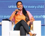  ?? (AFP) ?? New Unicef Global Goodwill Ambassador Lilly Singh speaks at a press conference in New Delhi on July 15