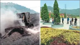  ?? XINHUA ?? A coal mine waste dump in Yangquan, Shanxi province, before and after its cleanup. More than 20 such areas in the city have been turned into leisure parks since 2000.