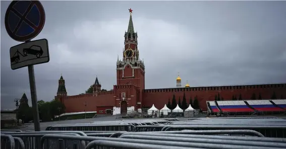  ?? ?? A view of the empty Red Square closed for Victory Parade preparatio­n with the Spasskaya Tower and the Kremlin Wall in the background in Moscow, Russia, on April 28, 2023. Photo: AP, File.