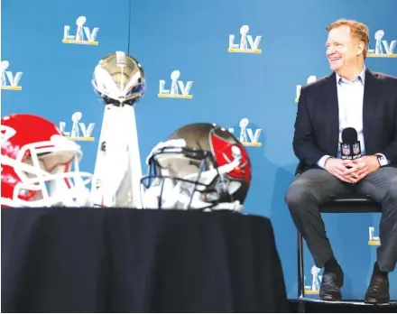  ?? NFL PHOTO BY PERRY KNOTTS VIA AP ?? NFL commission­er Roger Goodell speaks during his state of the league news conference Thursday in Tampa, Fla. Goodell gave his annual address ahead of the title game, with the Kansas City Chiefs set to face the Tampa Bay Buccaneers on Sunday night in Super Bowl LV.