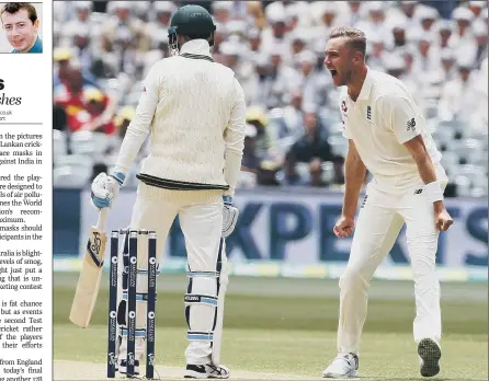  ??  ?? England’s Stuart Broad bellows his delight after dismissing Peter Handscomb during the Ashes Test at the Adelaide Oval.