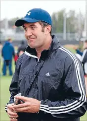  ?? Photo: DOUG
FIELD/ FAIRFAX NZ 627815040 ?? All heart:
Former Southland rugby player Hoani MacDonald hands out heart health pamphlets before a Marist rugby practice last night. .