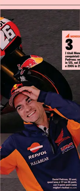  ??  ?? Daniel Pedrosa, 33 anni, quest’anno è 12°con 95 punti, con 3 quinti posti come migliori risultati MILAGRO