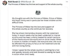 ?? ?? The Prime Minister sent his own best wishes to the Princess of Wales