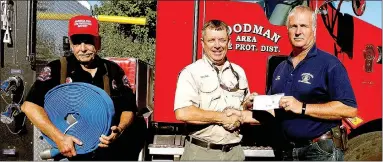  ?? RITA GREENE/MCDONALD COUNTY PRESS ?? Left to right: Jimmie Morgan, president, Goodman Area Fire Protection Board, Terry Cook from the Neosho Missouri Department of Conservati­on office presenting Keith Estes, Goodman Fire Chief, with a $3,000 matching funds grant on Monday, Aug. 22. Morgan...