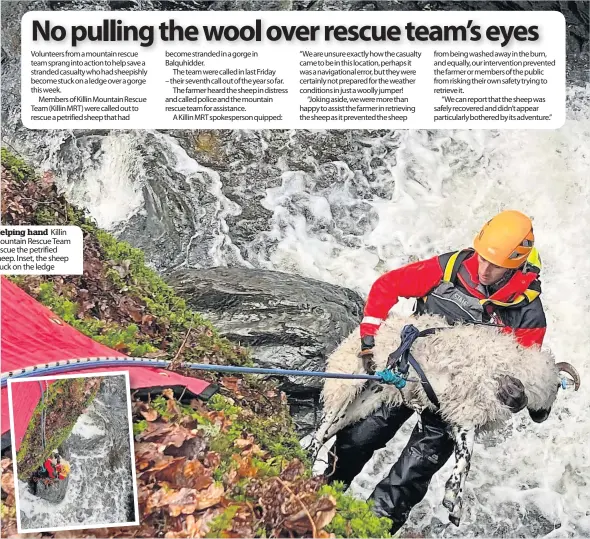  ?? ?? Helping hand Killin Mountain Rescue Team rescue the petrified sheep. Inset, the sheep stuck on the ledge