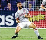  ?? STEPHEN M. DOWELL / ORLANDO SENTINEL ?? Atlanta United’s Hector Villalba celebrates after scoring the only goal Friday against Orlando City in the 1-0 victory in Orlando.