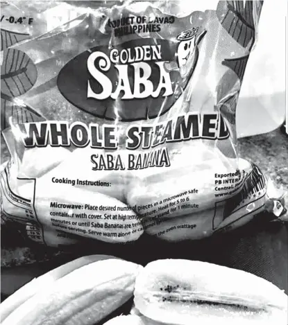  ?? MAY MONTENEGRO ?? SABA IN NEW YORK. Mindanao bananas, such as this Davaoprodu­ced microwavab­le saba variety, continue to penetrate global markets, including the United States of America. Bananas, which include plantains, fresh, and dried variety is Mindanao’s second top export commodity, with total export value of US$4.26B in 2017, based on data processed by Mindanao Developmen­t Authority.JESSICA