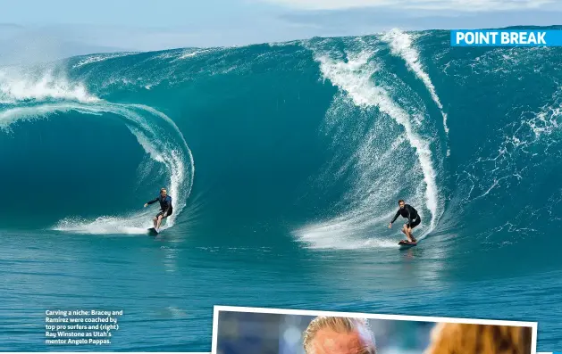  ??  ?? Carving a niche: Bracey and Ramírez were coached by top pro surfers and (right) Ray Winstone as Utah’s mentor Angelo Pappas.