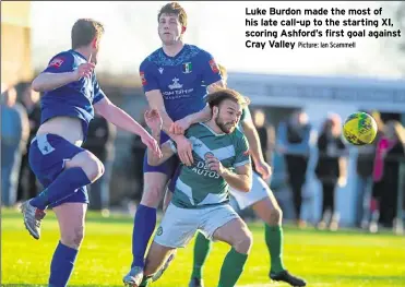  ?? Picture: Ian Scammell ?? Luke Burdon made the most of his late call-up to the starting XI, scoring Ashford’s first goal against Cray Valley