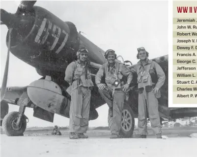  ??  ?? Left: These pilots are beginning another mission. Left to right: Lts. Norman Thieraulte, Jefferson Dorroh, and Charles Allen. This was taken on Okinawa at Kadena Air Base in early 1944. These pilots flew with VMF-323. (Photo courtesy Charles Allen)