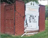  ?? Donald Eng / Hearst Connecticu­t Media file photo ?? The Trumbull Town Council is considerin­g whether to replace the brick and glass sign that was broken in a 2019 crash with a modern electronic message sign.