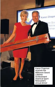  ??  ?? Karen Chapman receives the Wilkinson Sword Lifetime Achievemen­t Award at Sport Newcastle’s annual dinner