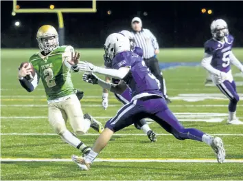  ?? FILE PHOTO ?? Notre Dame quarterbac­k Brandon Graziani, with the ball, scrambles for game- winning touchdown for the Niagara senior high school football championsh­ip versus three- time defending champion A. N. Myer.