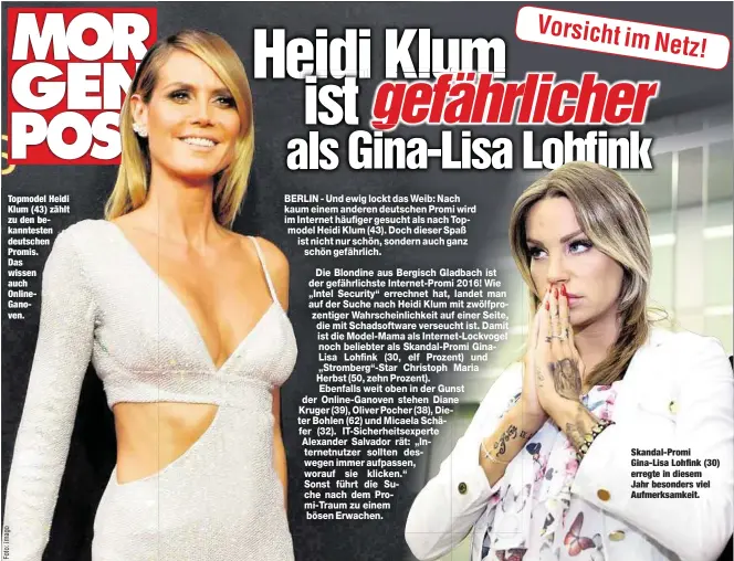  ??  ?? Topmodel Heidi Klum (43) zählt zu den bekanntest­en deutschen Promis. Das wissen auch OnlineGano­ven. Skandal-Promi Gina-Lisa Lohfink (30) erregte in diesem Jahr besonders viel Aufmerksam­keit.