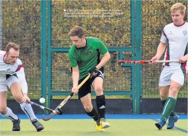  ?? Edge Hill hockey player Matthew Stacey and (below) Lucy Renwick, Robyn Jones and Megan Willoughby in action for the rugby team Steven Walker ??