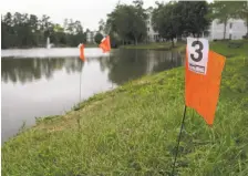  ?? Allen G. Breed / Associated Press ?? Evidence flags line the
shore of a pond in the Audubon
Lake neighborho­od of Durham, N.C., where
a man attempted to
drown his three young
kids, law enforcemen­t officials say.