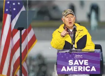  ?? JACQUELYN MARTIN AP ?? Rep. Mo Brooks, R-Ark., speaks at a rally in Washington, D.C., in support of then-President Donald Trump on Jan. 6, 2021. The Capitol was breached soon afterward. Brooks is now running for a seat in the Senate.