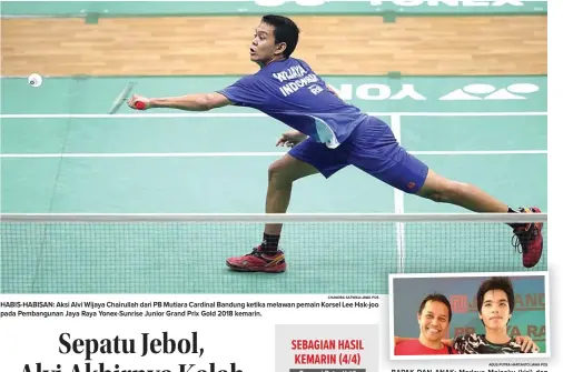  ?? CHANDRA SATWIKA/JAWA POS AGUS PUTRA HARTANTO/JAWA POS ?? HABIS-HABISAN: Aksi Alvi Wijaya Chairullah dari PB Mutiara Cardinal Bandung ketika melawan pemain Korsel Lee Hak-joo pada Pembanguna­n Jaya Raya Yonex-Sunrise Junior Grand Prix Gold 2018 kemarin. BAPAK DAN ANAK: Marleve Mainaky (kiri) dan Alden Lefinson...